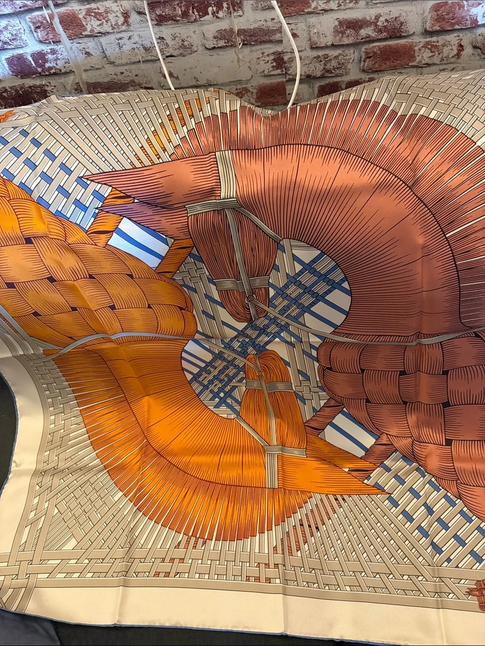 Elegant Orange and Brown Horse-Print Silk Scarf Wrap